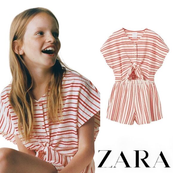 ZARA Kids | Red | STRIPED JUMPSUIT WITH BOW - Picture 1 of 8